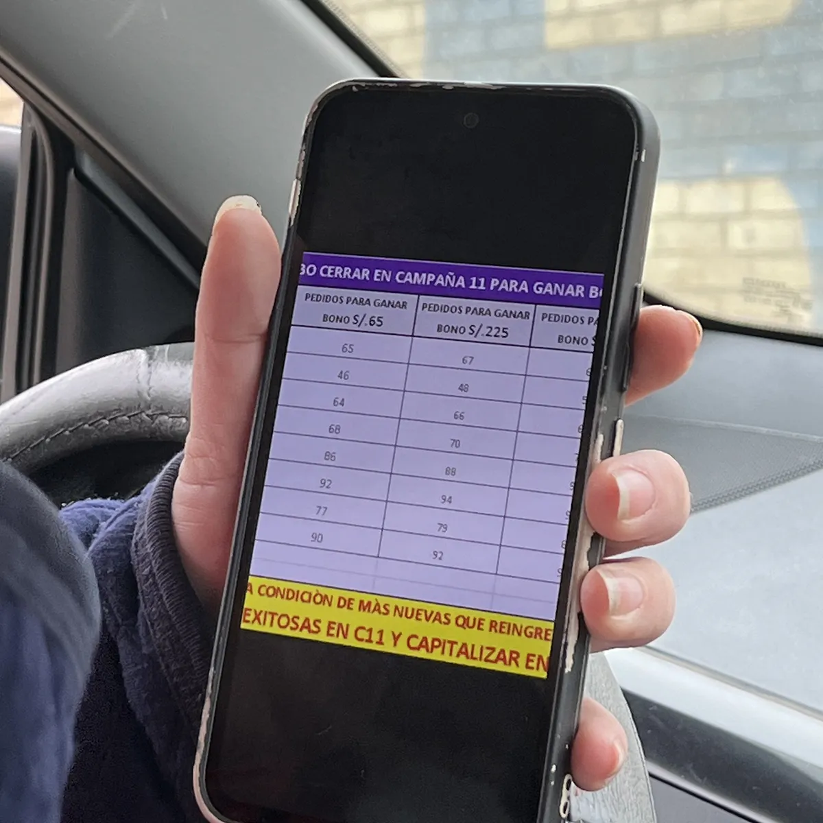 Celular en el auto con una hoja de cálculo de cuántos pedidos hay que cerrar en la campaña para ganar cada bono