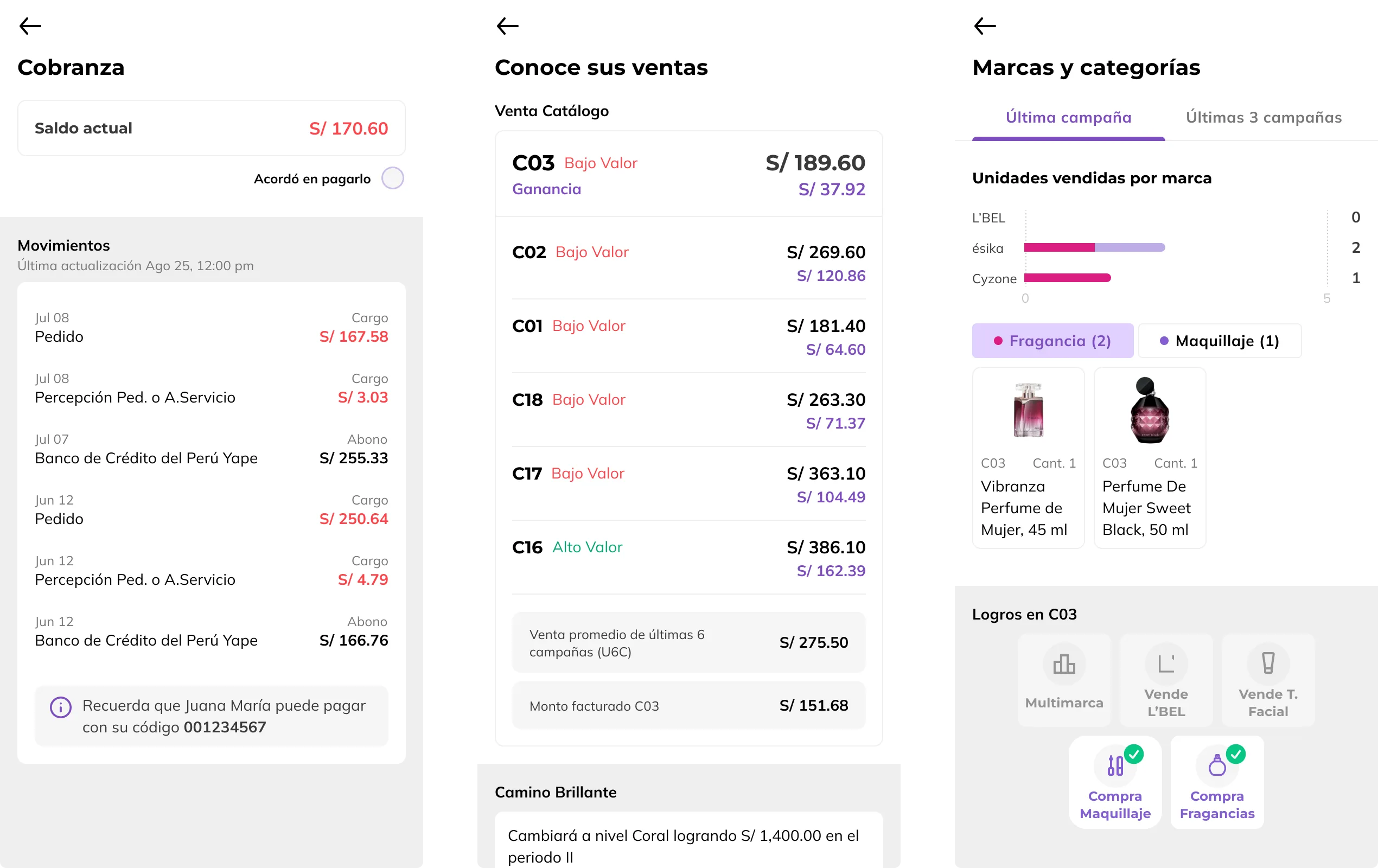 Vistas de cobranza, histórico de ventas por campaña y distribución por marcas y categorías