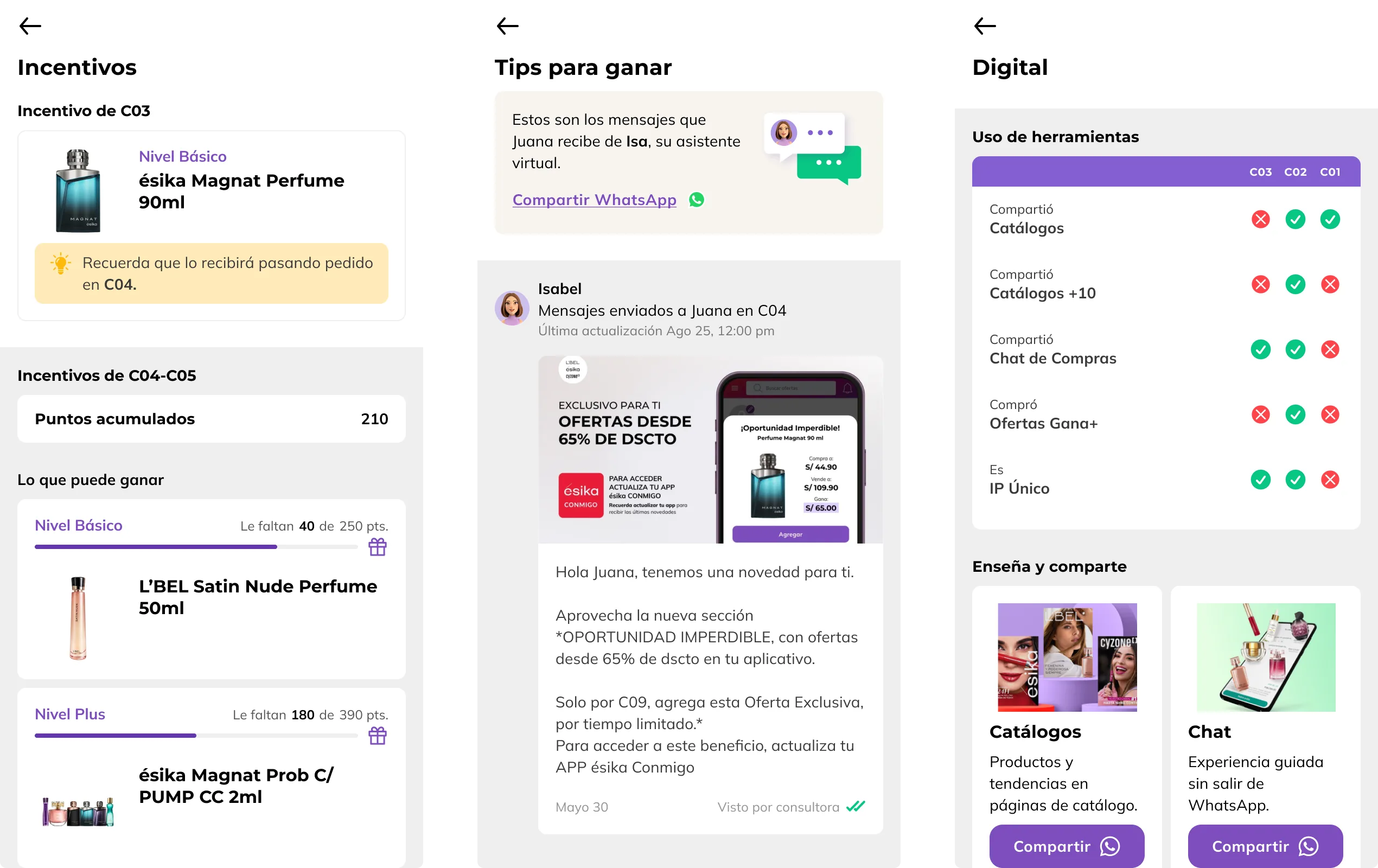 Incentivos de la campaña, tips de producto enviados por WhatsApp y comportamiento digital de la consultora