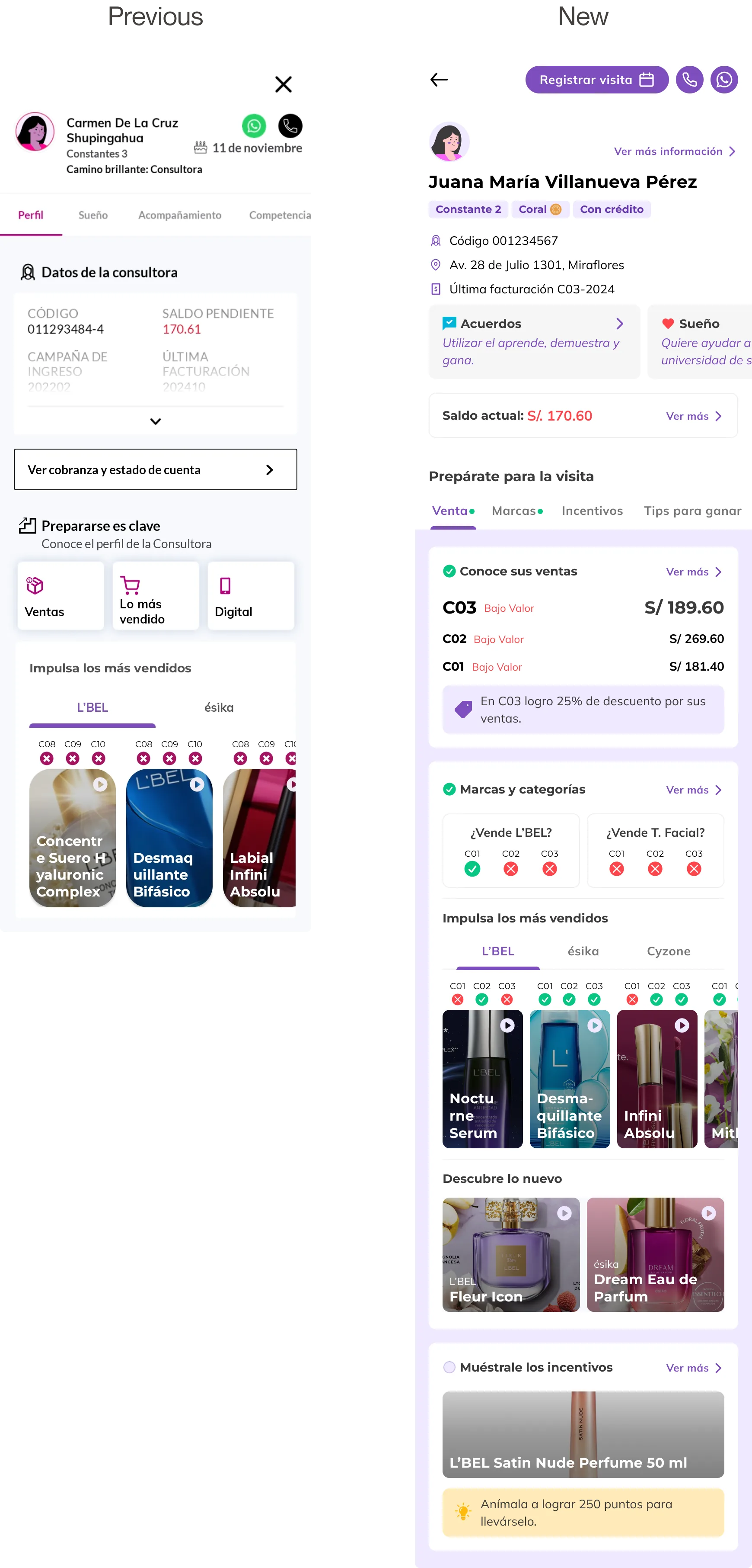 Pantalla principal antes y después: la versión nueva reúne en un scroll el saldo pendiente, las últimas ventas, el acuerdo, el sueño y el registro de visita