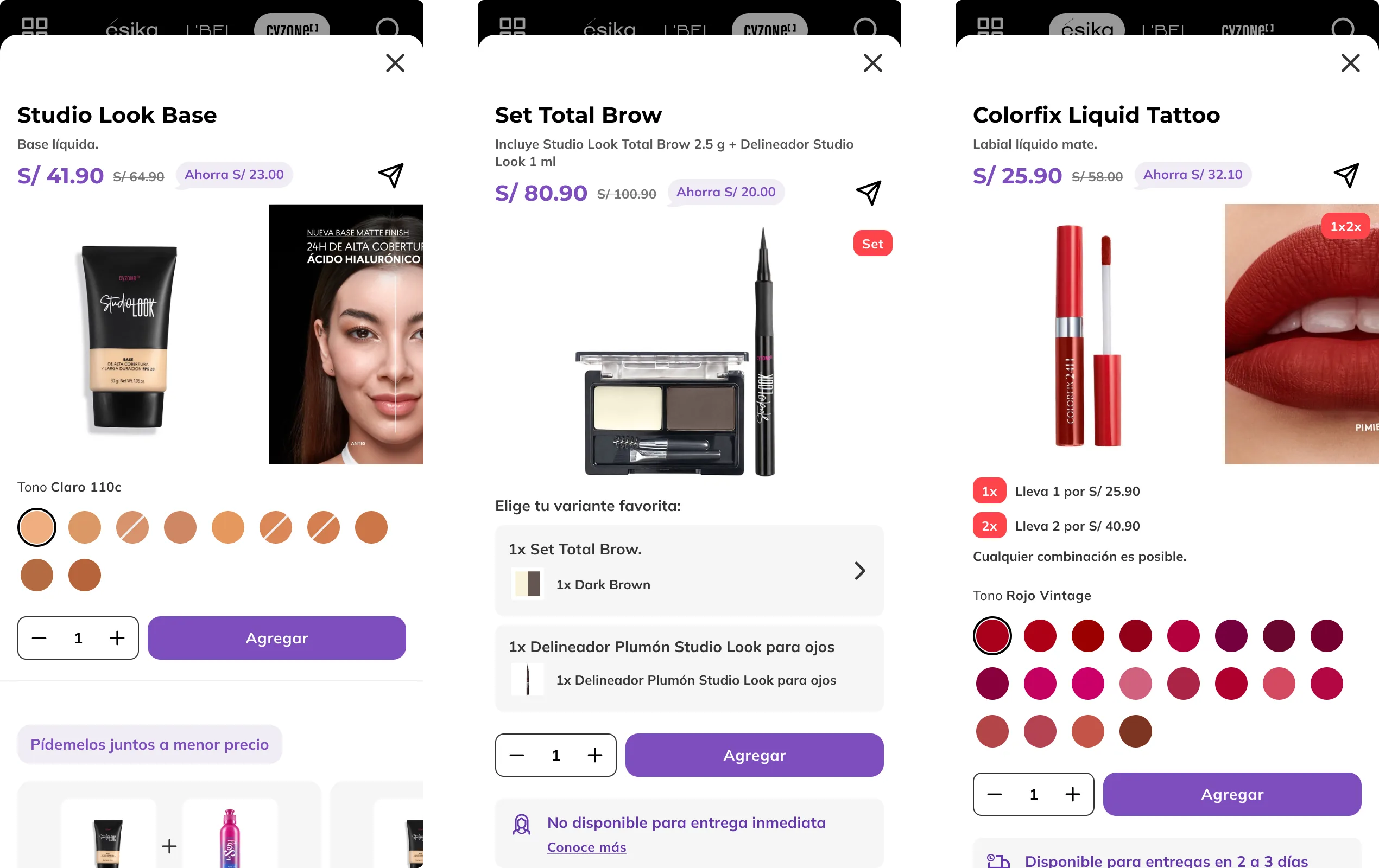 Vistas rápidas de producto sobre el catálogo: base con selector de tono, set con elección de variante y labial con promoción 1x2x, cada una con botón «Agregar»