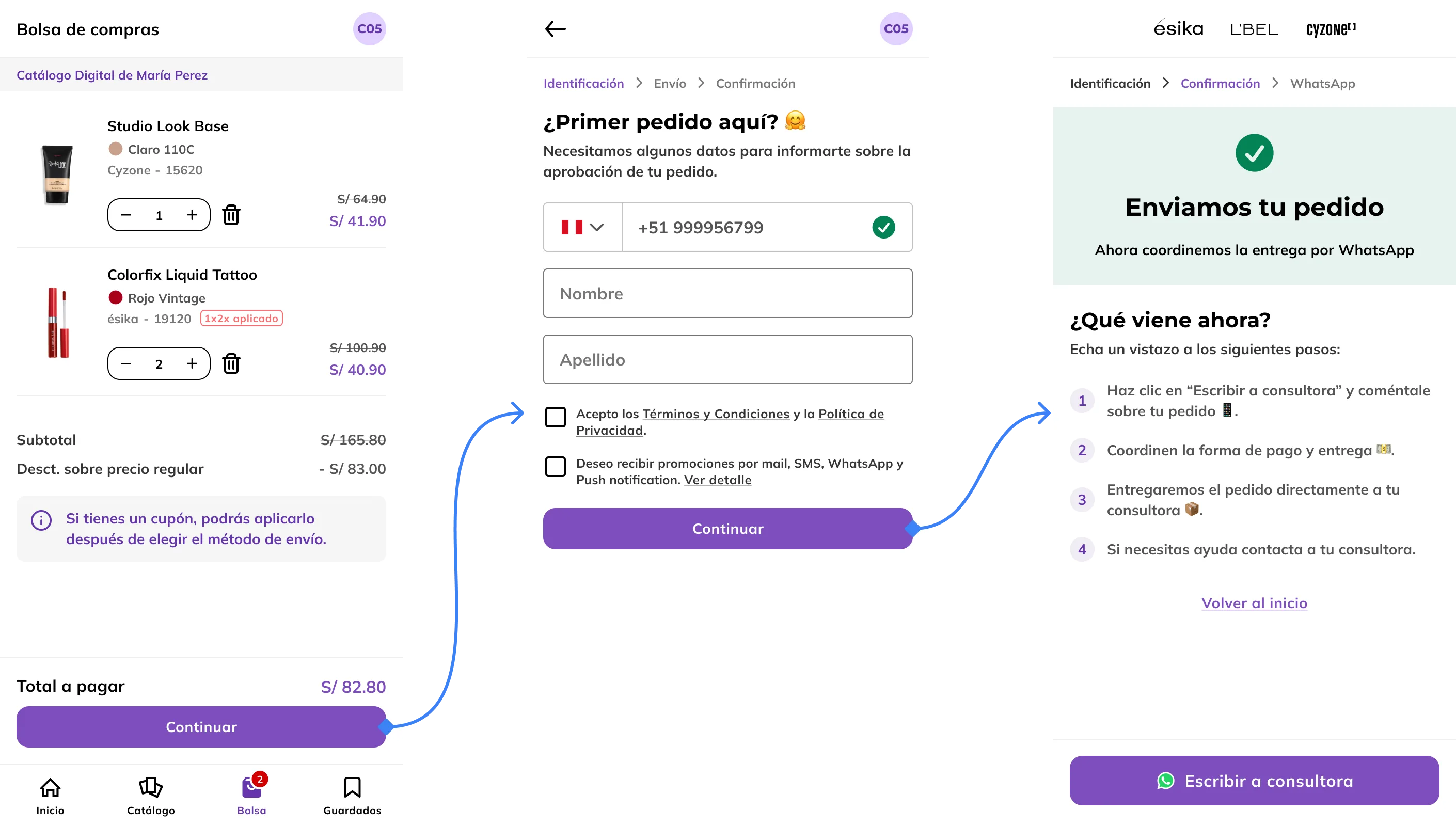 Cierre del pre-pedido: bolsa de compras con el total, formulario de identificación y confirmación «Enviamos tu pedido» con el botón para escribir a la consultora por WhatsApp