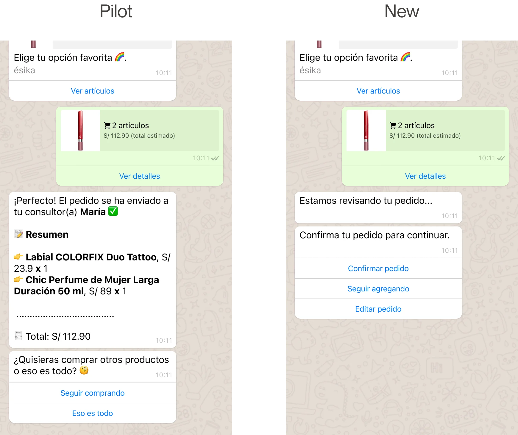 Cierre del pedido, piloto contra versión nueva: el piloto ofrece «Seguir comprando» o «Eso es todo»; la nueva avisa que está revisando el pedido y ofrece «Confirmar pedido», «Seguir agregando» o «Editar pedido»