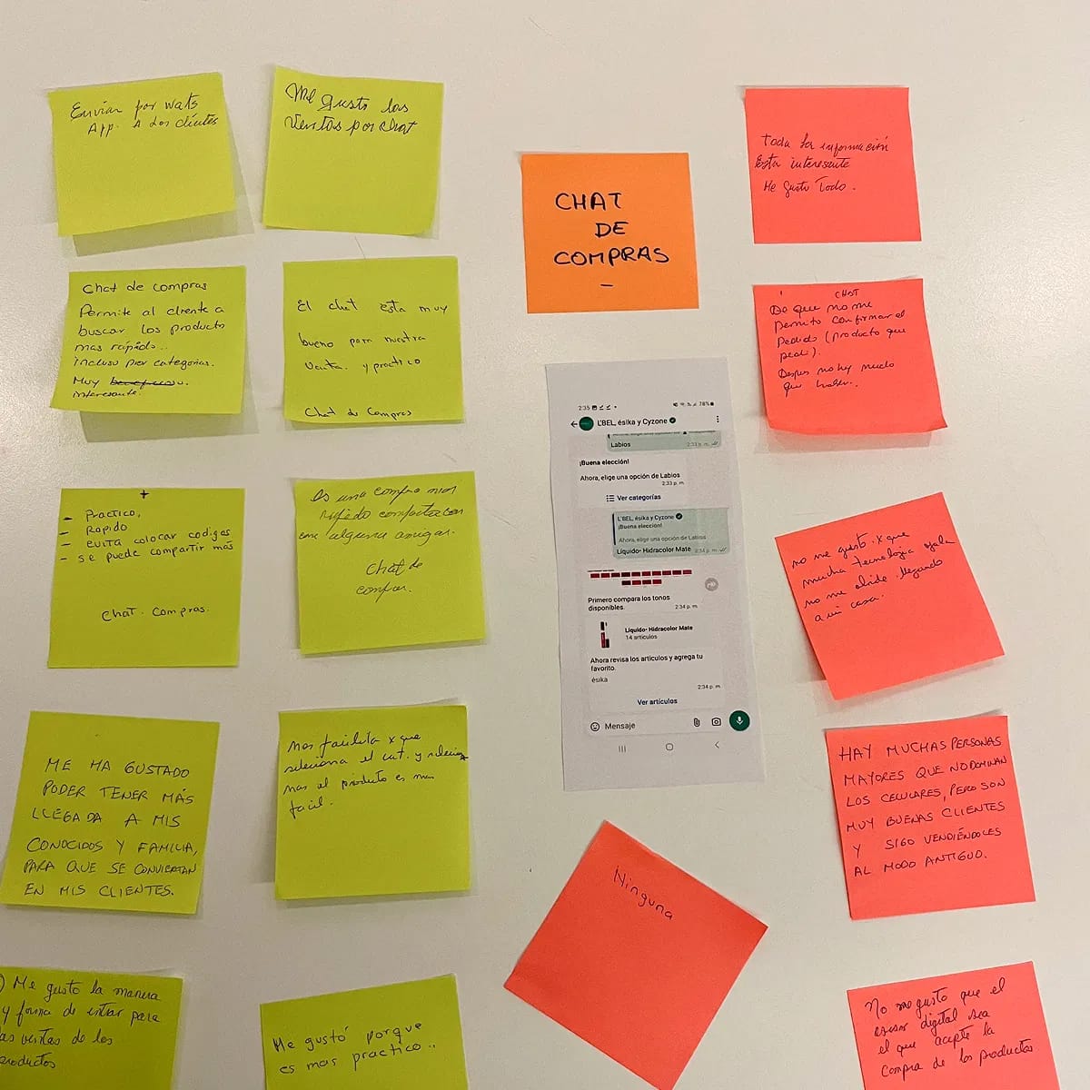 Pared de la sesión: la pantalla del chat impresa rodeada de post-its escritos por las consultoras, en verde lo que valoraban y en rojo lo que no