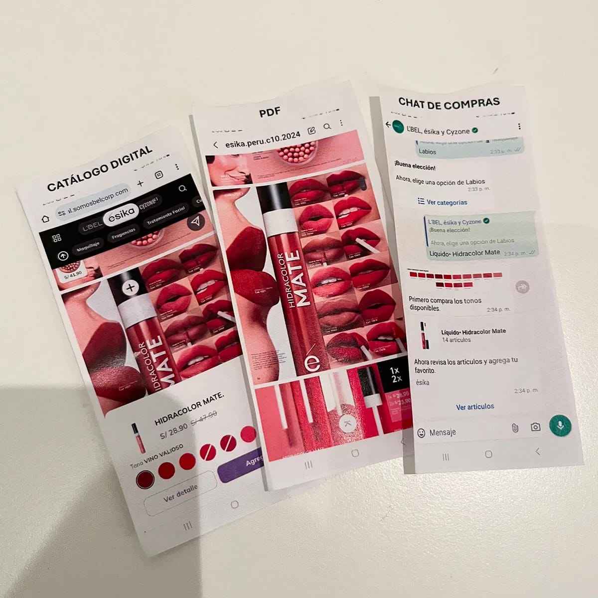 Las tres formas de comprar impresas y comparadas en la sesión: Catálogo Digital, PDF y Chat de Compras, cada una mostrando el mismo labial