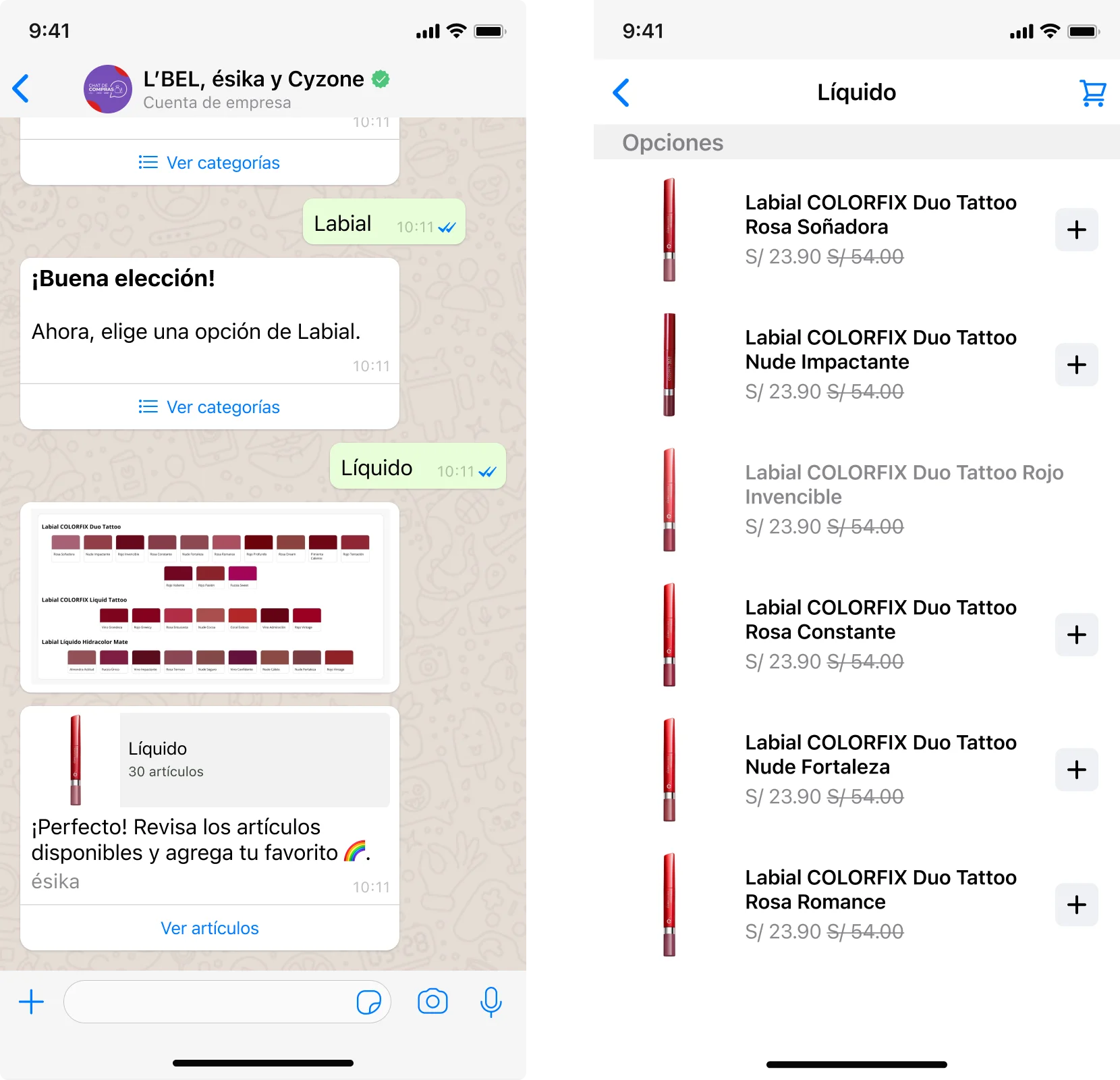A la izquierda, la imagen con los tonos de labial y sus nombres insertada en el chat; a la derecha, el listado de artículos al que antecede, donde el tono solo aparece escrito en el nombre del producto