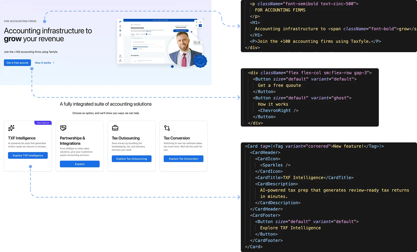 Landing con sus bloques enlazados a los snippets del design system