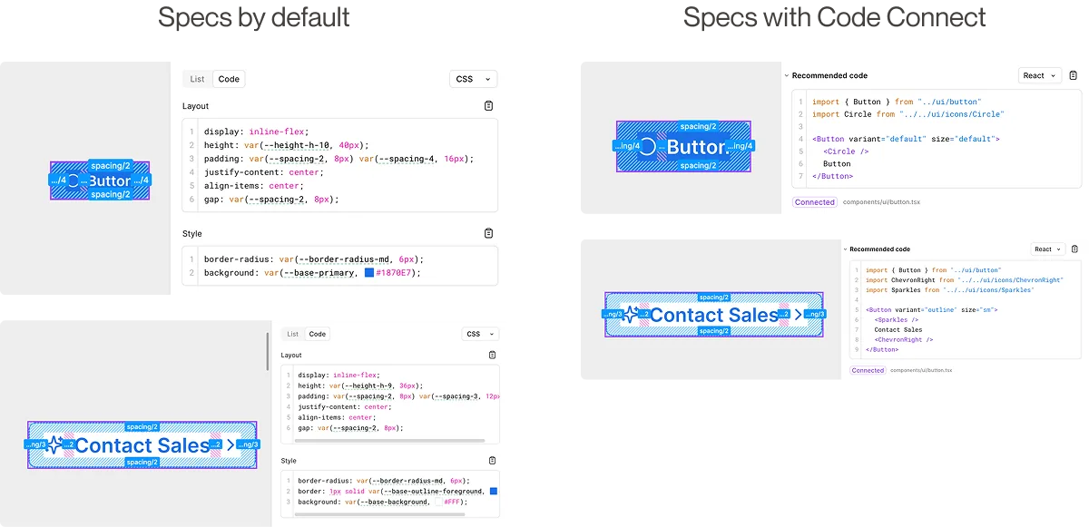 Specs por defecto de Figma frente a specs con Code Connect