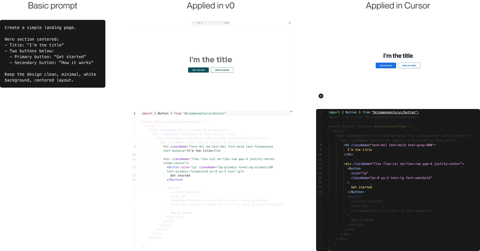 Un mismo prompt básico aplicado en v0 y en Cursor