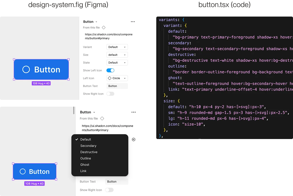 Componente Button en Figma junto a sus variantes en button.tsx
