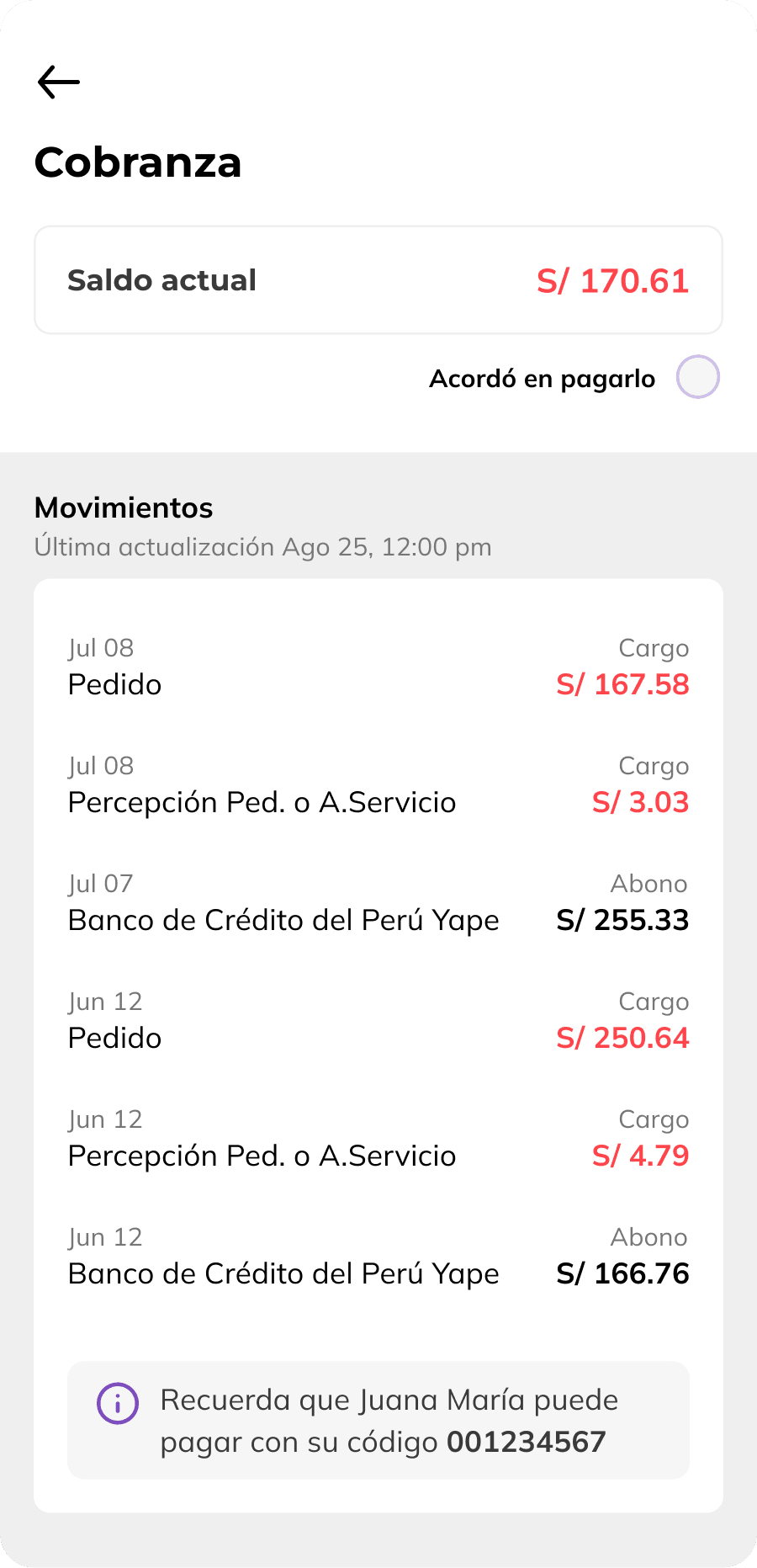 Pantalla de cobranza