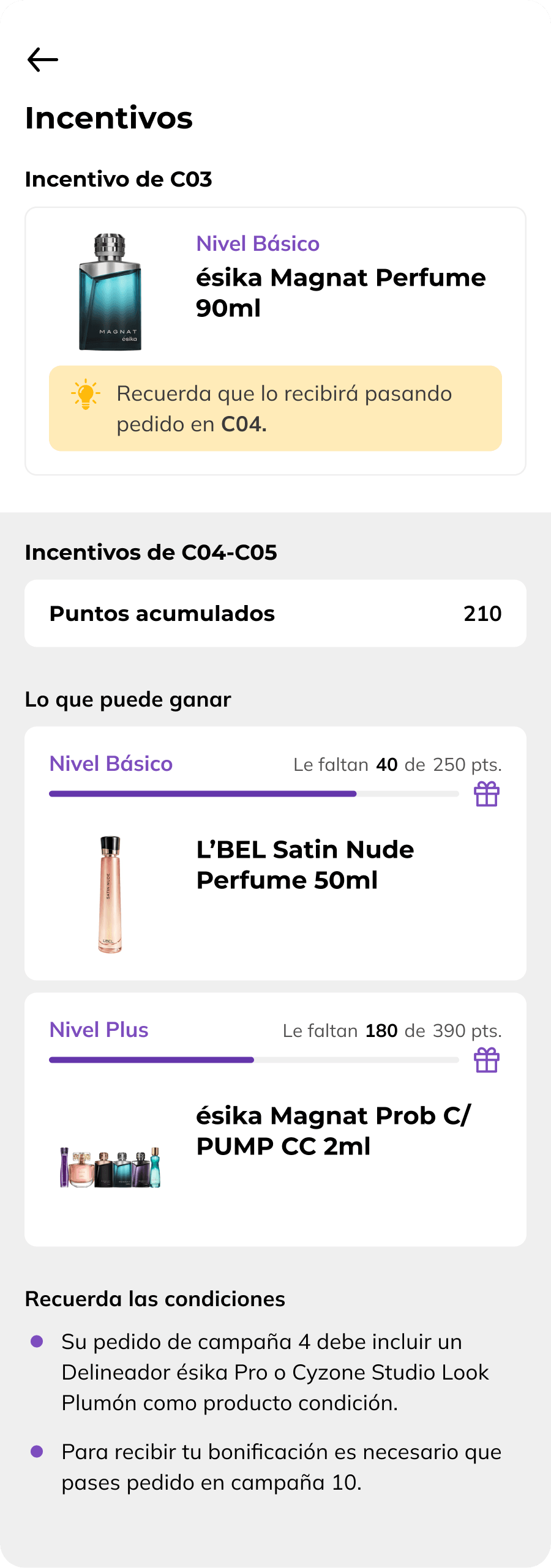 Pantalla de incentivos