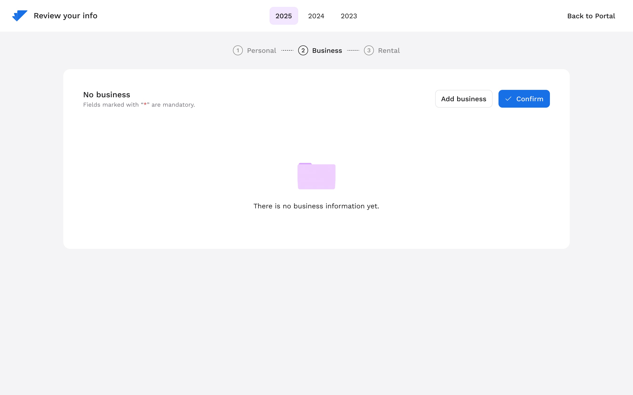 Document Organizer — sección de negocio en estado vacío