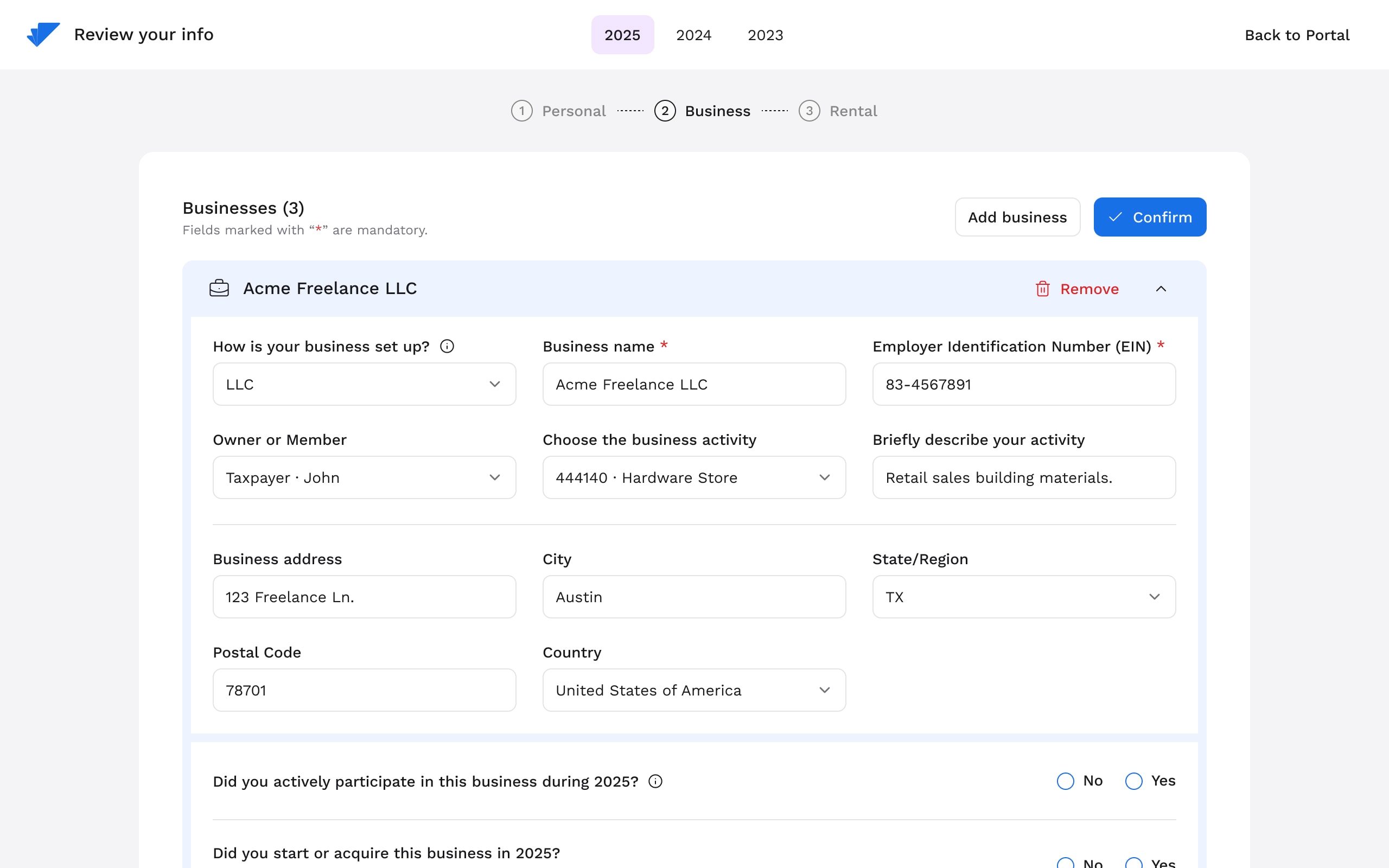 Document Organizer — sección de negocio con datos completados