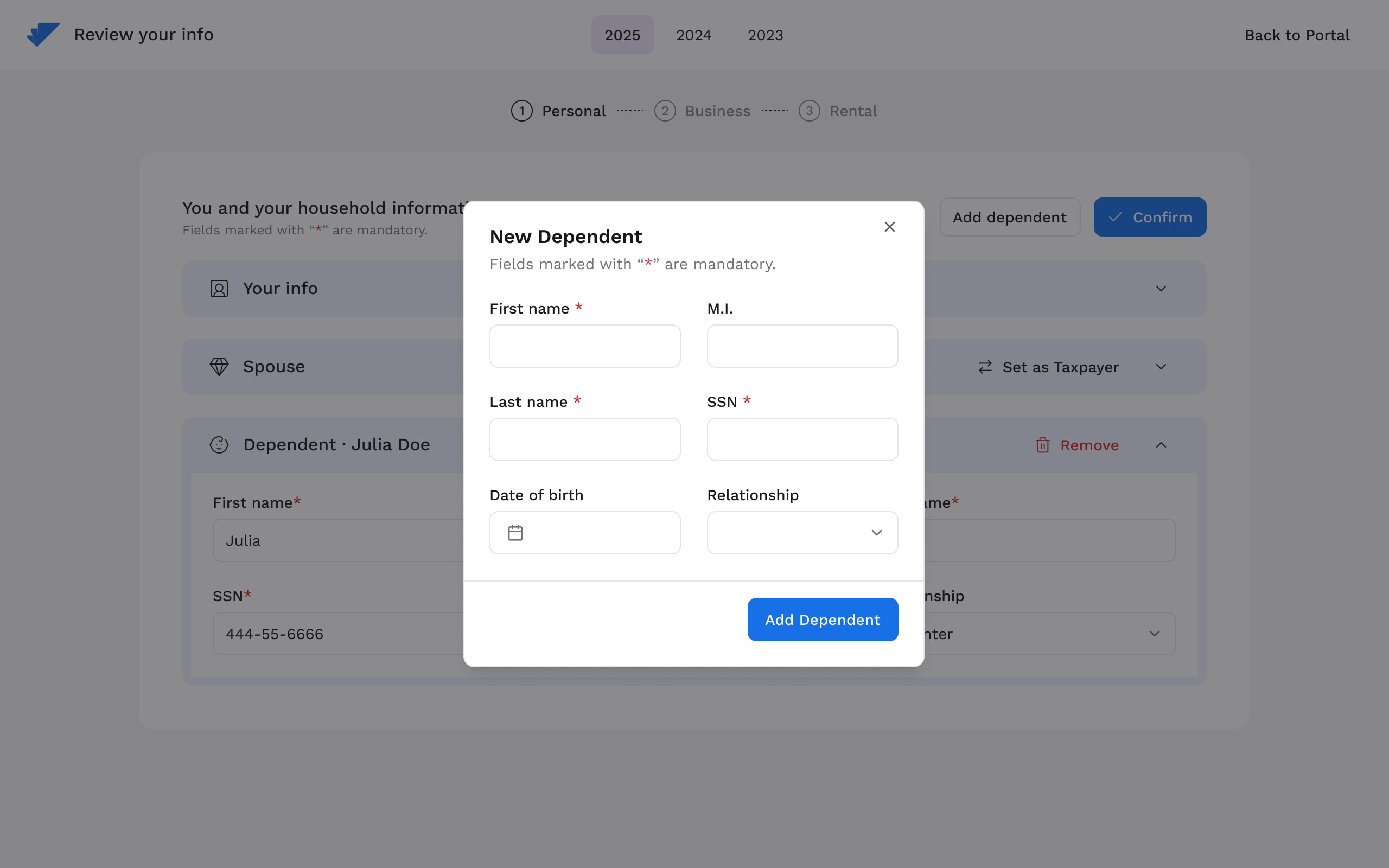 Document Organizer — diálogo de dependientes