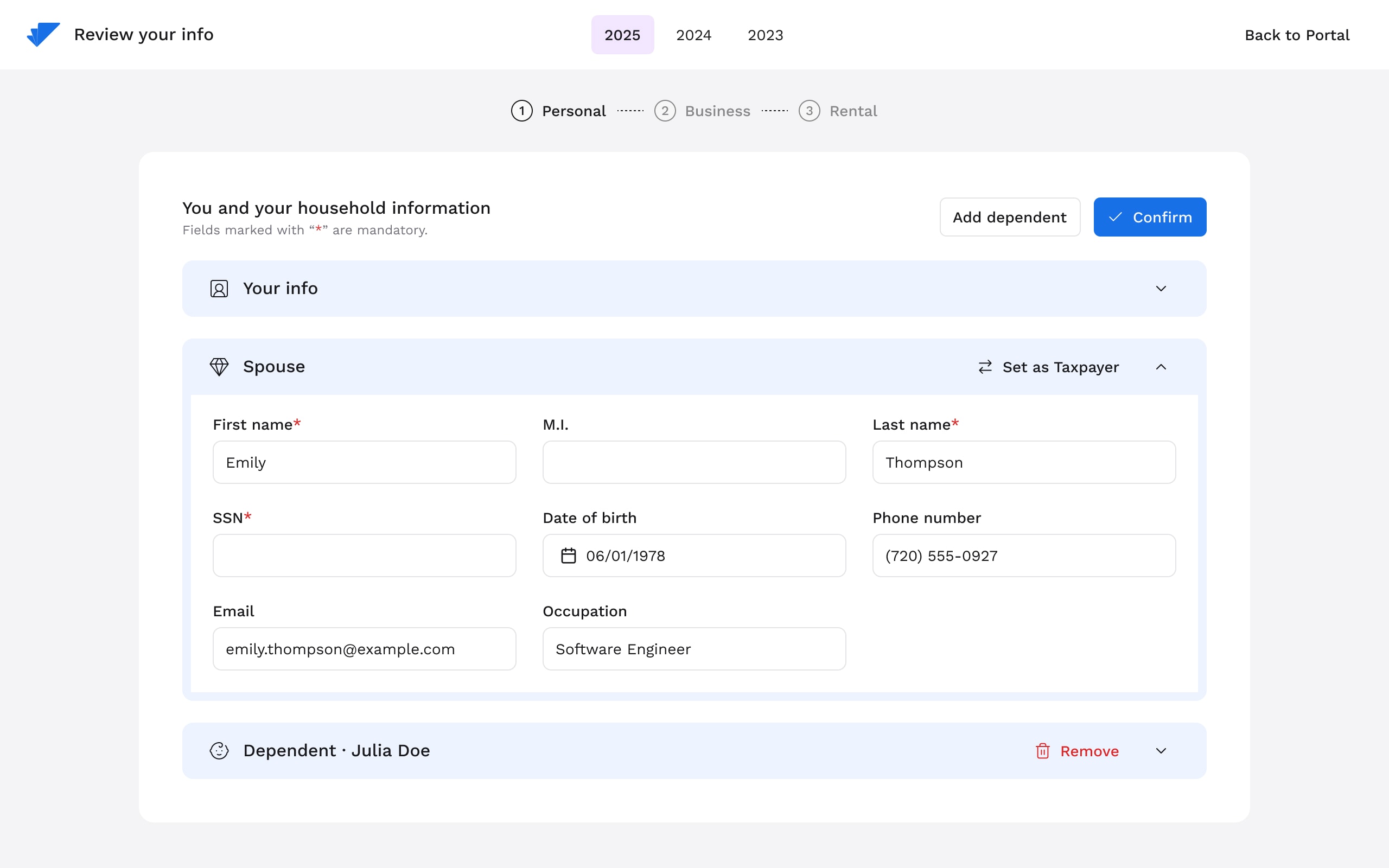 Document Organizer — sección de información del cónyuge